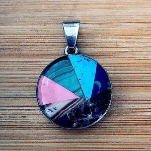 $78  Vintage Multi Stone Mosaic Pendant  Sterling Silver   TH-150 MEXICO 925